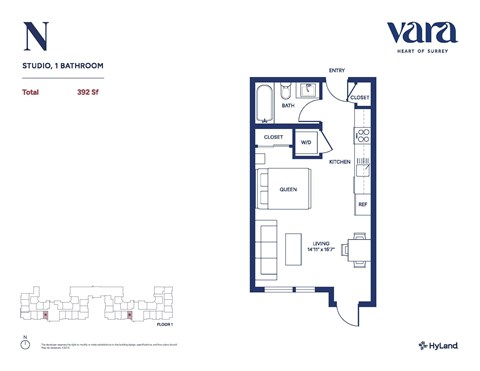 Floor plan for studio, 1 bath, 392 sqft
